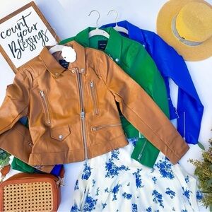 Love Tree Leather Jackets in Tan, Green, and Blue